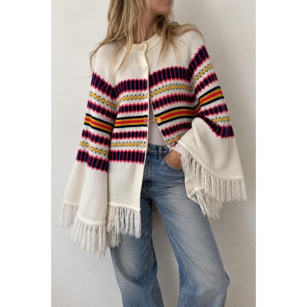 VTG Green Lantern Fair Isle Knit Poncho Cardigan Fringe Festival Shawl Retro